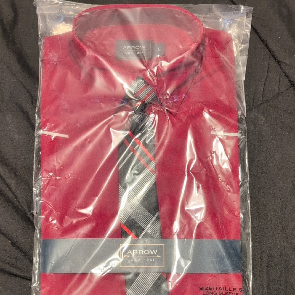 Boys' Arrow Red Dress Shirt with black, Red And White Plaid Tie, Size 5